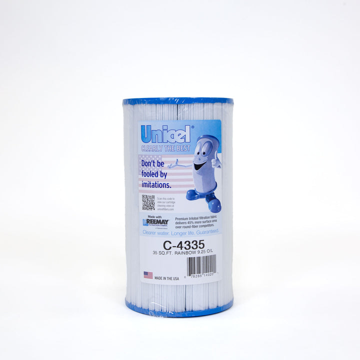 Cylindrical pool filter cartridge with blue end caps and a label featuring a cartoon filter mascot giving a thumbs up