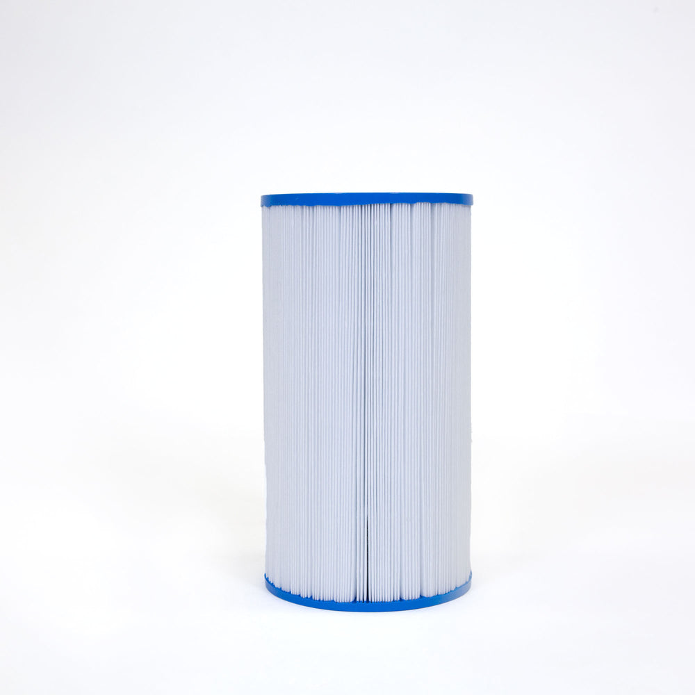 cylindrical pool filter cartridge with white pleated material and blue end caps standing upright on white background