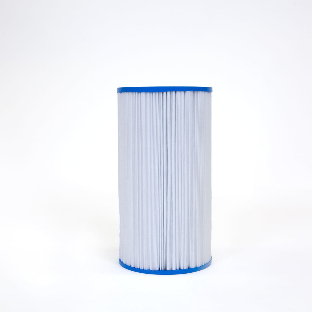 cylindrical pool filter cartridge with white pleated material and blue end caps standing upright on white background