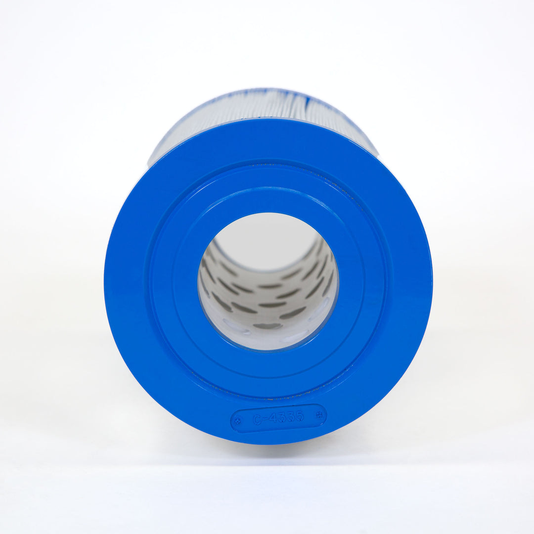 Cylindrical pool filter cartridge with blue end caps and pleated white filter material visible through the central hole