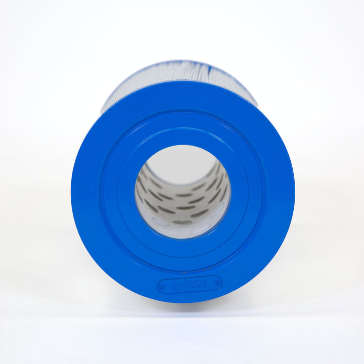 Cylindrical pool filter cartridge with blue end caps and pleated white filter material visible through the central hole