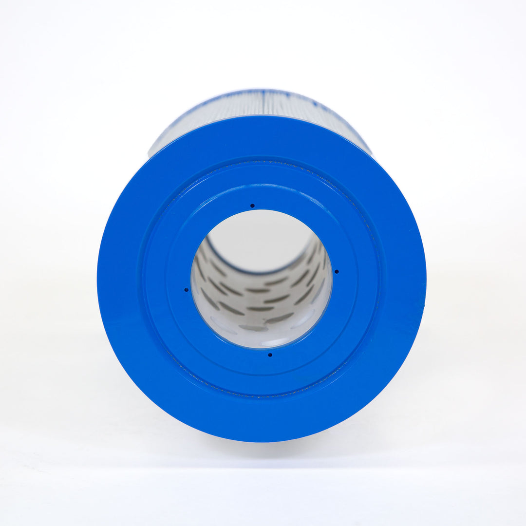 Cylindrical pool filter cartridge with bright blue end caps and perforated inner cylinder on white background