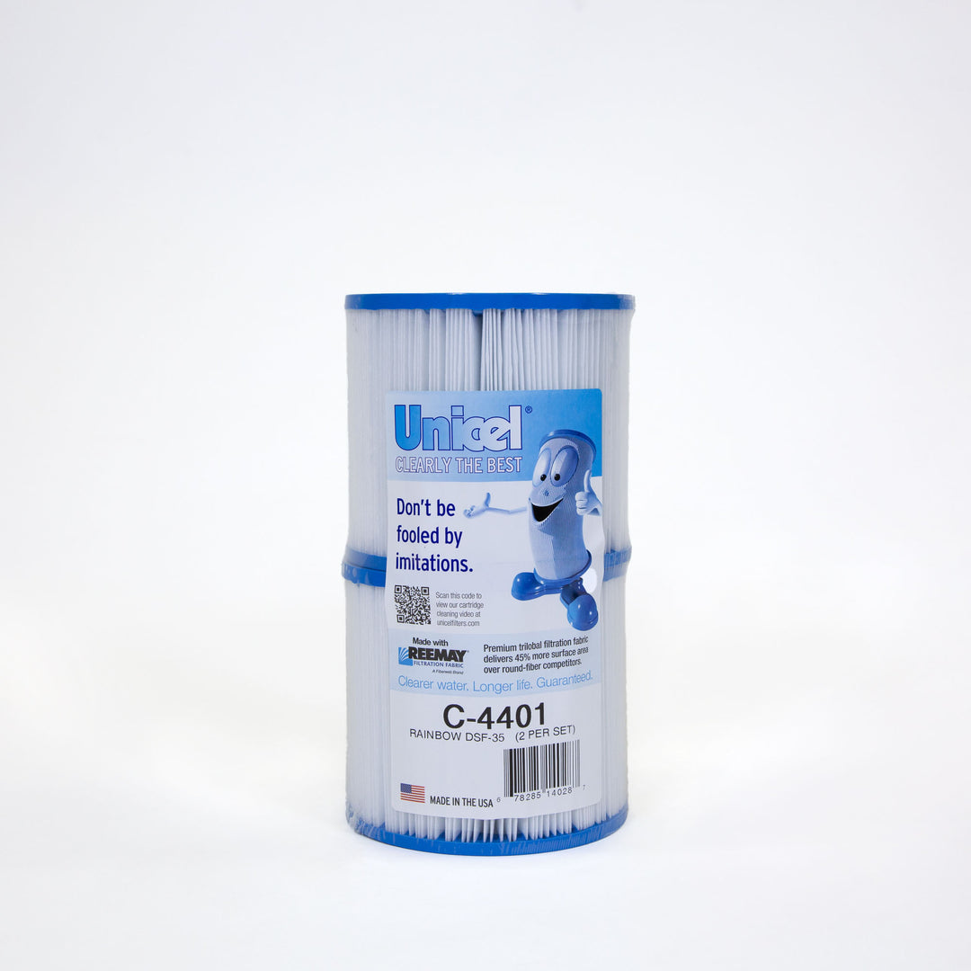 tall white pleated cylindrical water filter cartridge with blue plastic caps on each end and a label featuring a cartoon filter giving a thumbs up