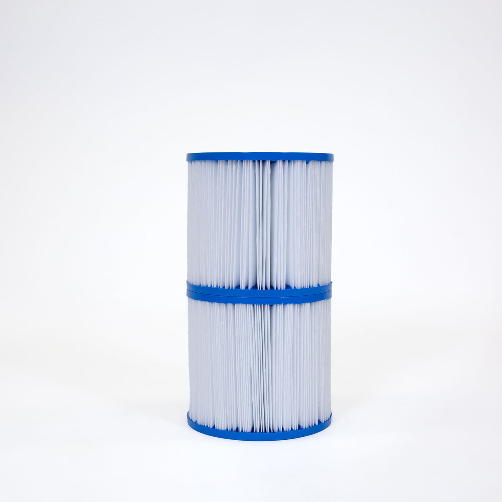 Two cylindrical white and blue pleated pool filter cartridges standing vertically against a plain white background