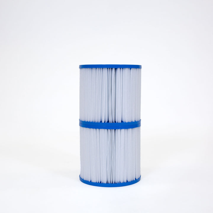 Two cylindrical white and blue pleated pool filter cartridges standing vertically against a plain white background