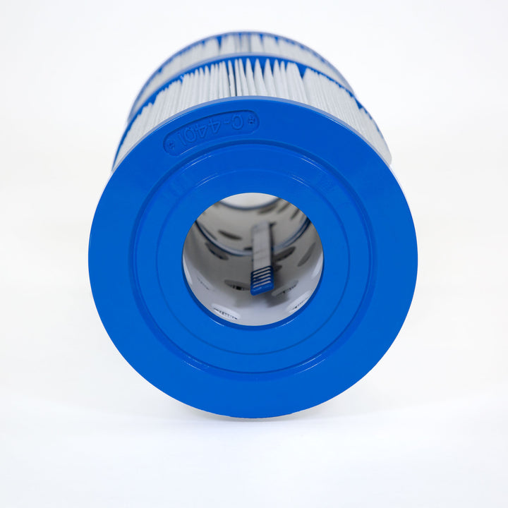 Close-up view of a blue and white pool filter cartridge showing pleated filter material and a hollow center with visible internal components