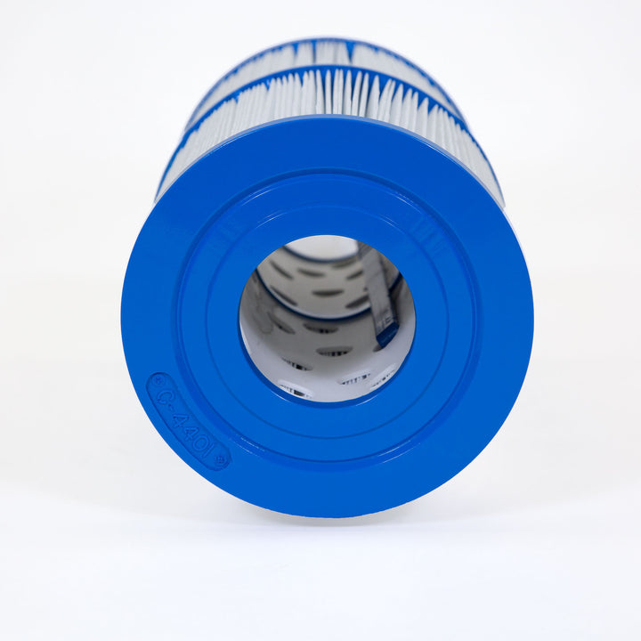 cylindrical pool filter cartridge with blue plastic end caps and white pleated filtering material inside