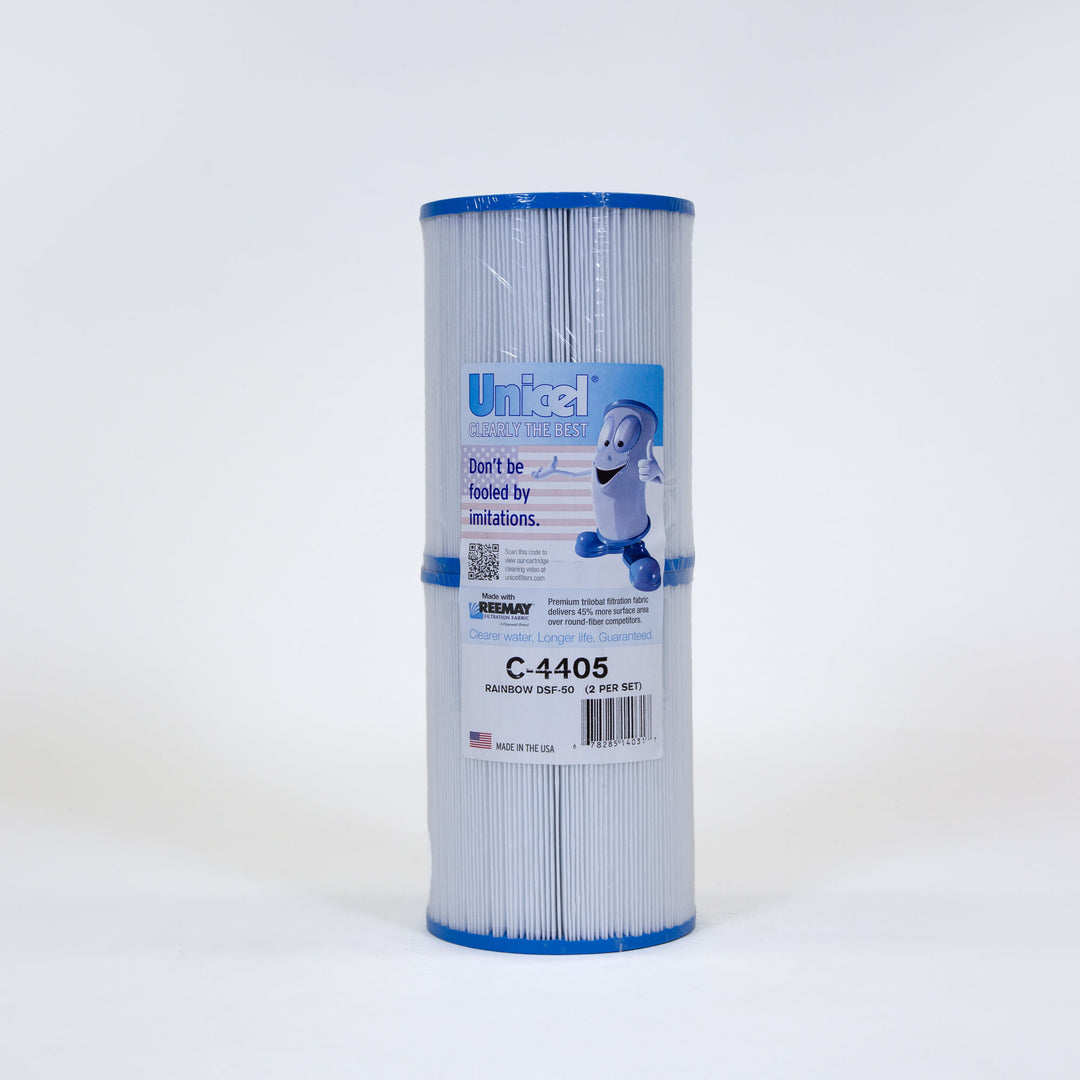 white cylindrical pool filter cartridge with blue plastic caps on each end and a label with cartoon character and product information