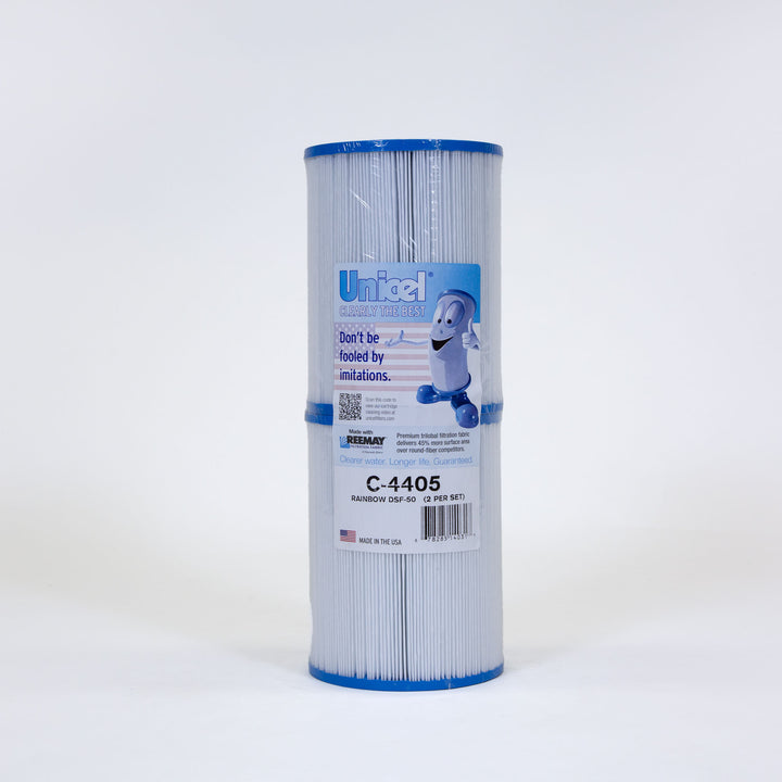 white cylindrical pool filter cartridge with blue plastic caps on each end and a label with cartoon character and product information