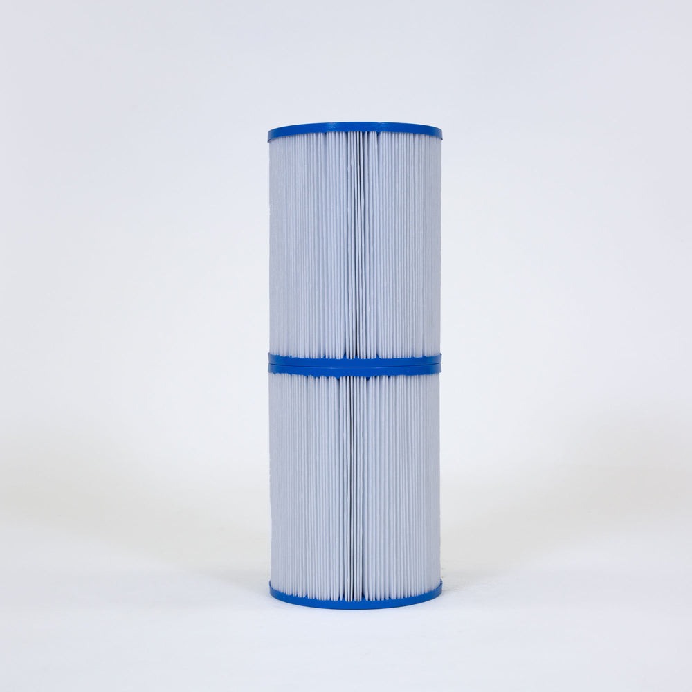 White pleated cylindrical pool filter cartridge with blue plastic rims on top, middle, and bottom against plain background