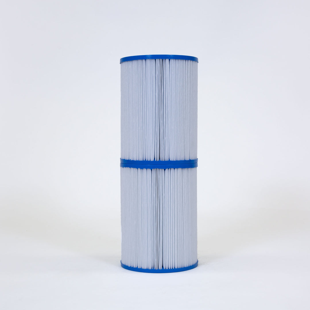 White pleated cylindrical pool filter cartridge with blue plastic rims on top, middle, and bottom against plain background