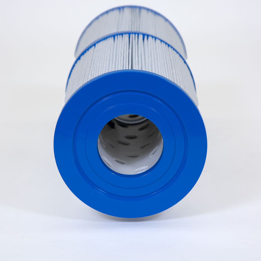 cylindrical pool filter cartridge with blue plastic end caps and pleated white filtering material on a white background