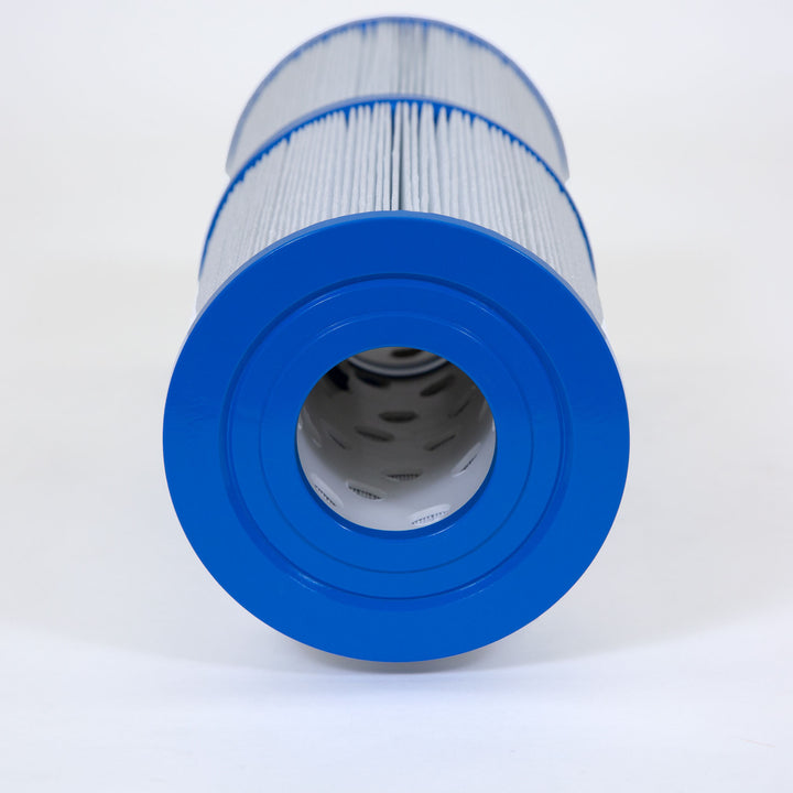 cylindrical pool filter cartridge with blue plastic end caps and pleated white filtering material on a white background