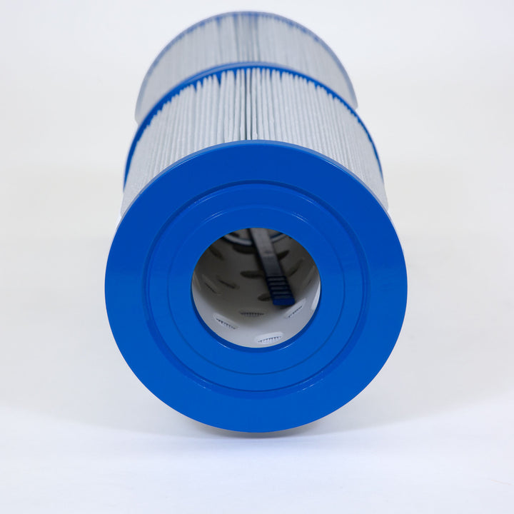 cylindrical pool filter cartridge with blue plastic ends and pleated white filtering material on the outside
