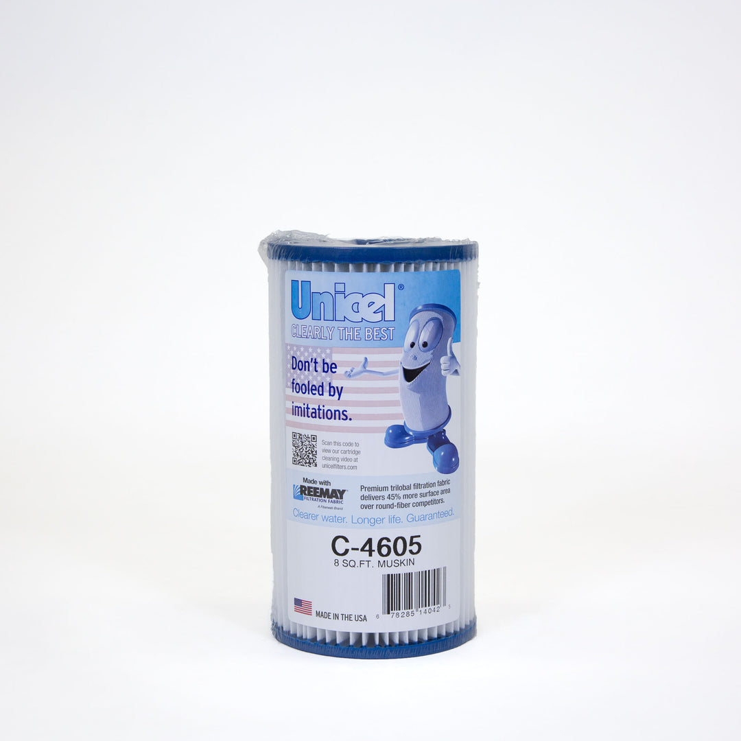 Cylindrical pool filter cartridge wrapped in plastic with blue top and bottom and cartoon graphic on label