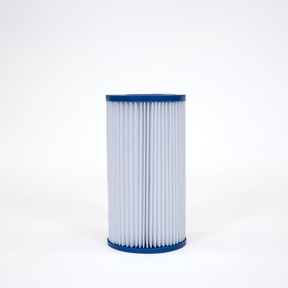 cylindrical pool filter cartridge with white pleated material and blue end caps on white background