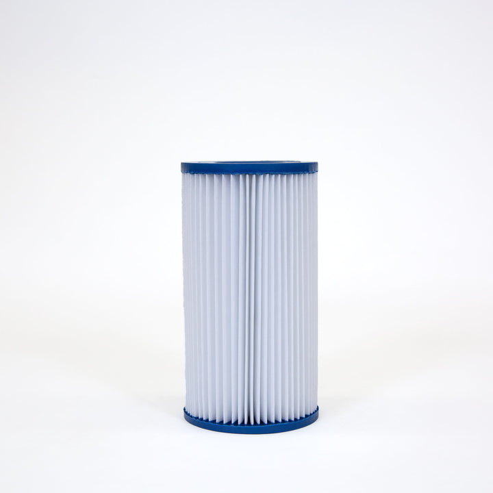 cylindrical pool filter cartridge with white pleated material and blue end caps on white background