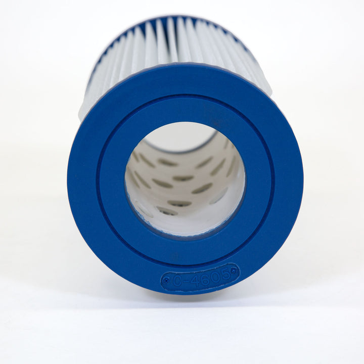cylindrical replacement filter cartridge with blue end caps and white pleated filter material inside