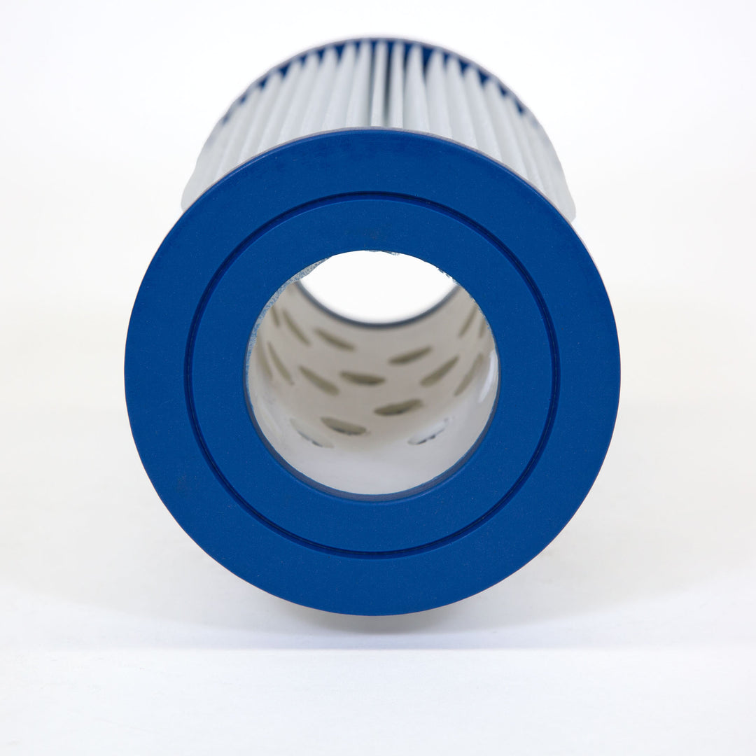 cylindrical replacement filter cartridge with a blue plastic end cap and white pleated filtering material