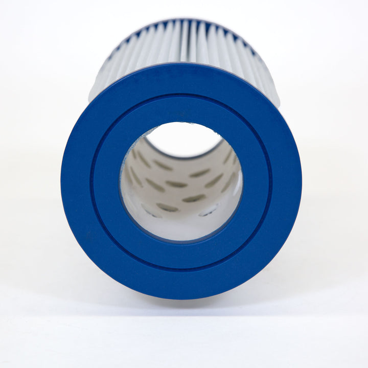 cylindrical replacement filter cartridge with a blue plastic end cap and white pleated filtering material