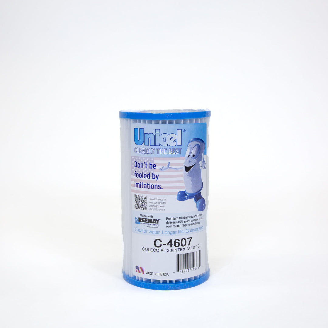 Cylindrical pool filter cartridge with blue ends and white pleated body, featuring a label with branding and product details