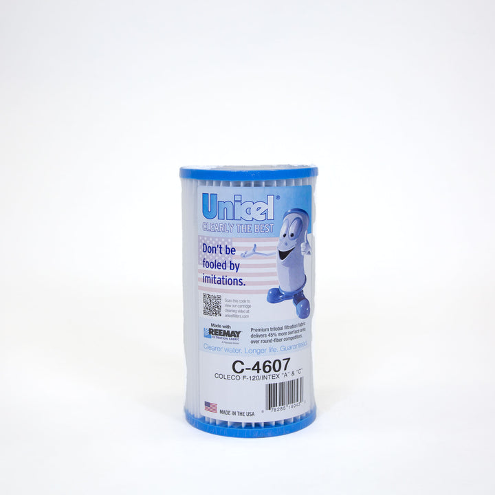 Cylindrical pool filter cartridge with blue ends and white pleated body, featuring a label with branding and product details