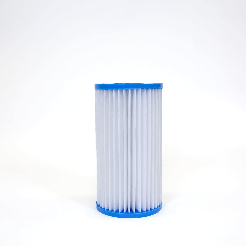 cylindrical pool filter cartridge with white pleated material and blue plastic end caps against white background