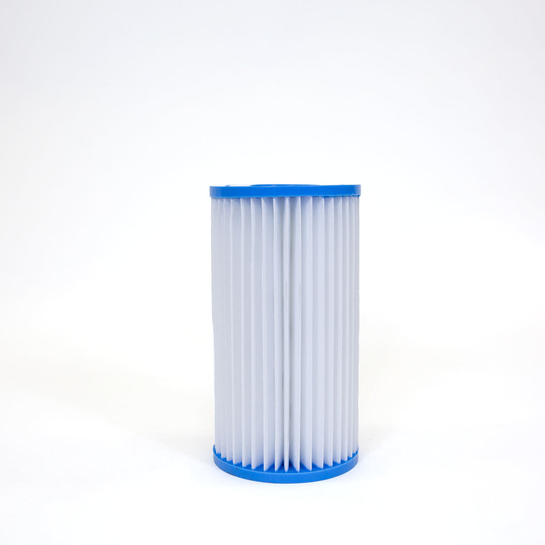 cylindrical pool filter cartridge with white pleated material and blue plastic end caps against white background