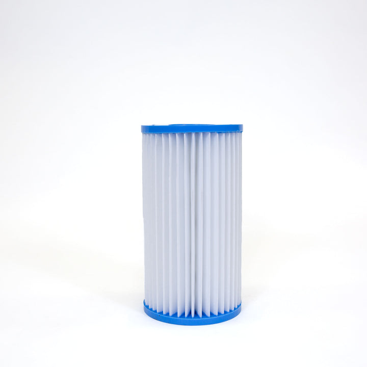 cylindrical pool filter cartridge with white pleated material and blue plastic end caps against white background