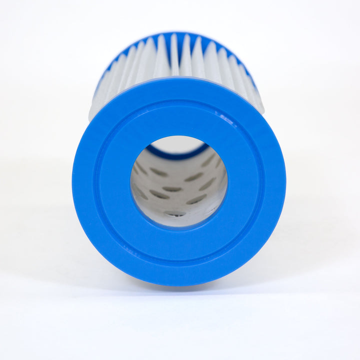 Cylindrical pool filter cartridge with pleated white filtering material and solid blue plastic end caps on plain white background