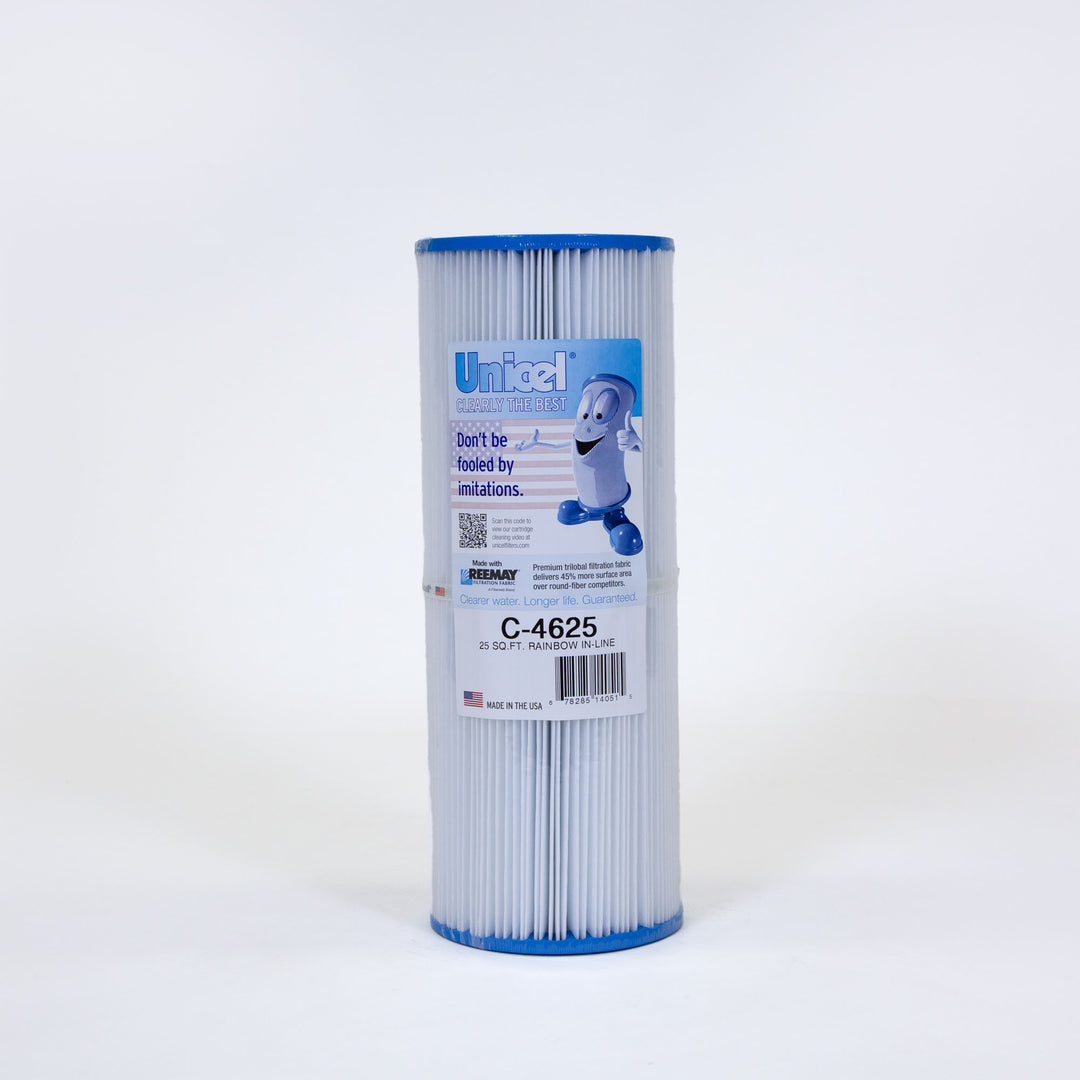 Cylindrical white pleated pool filter cartridge with blue end caps and a label featuring the Unicel logo and product details