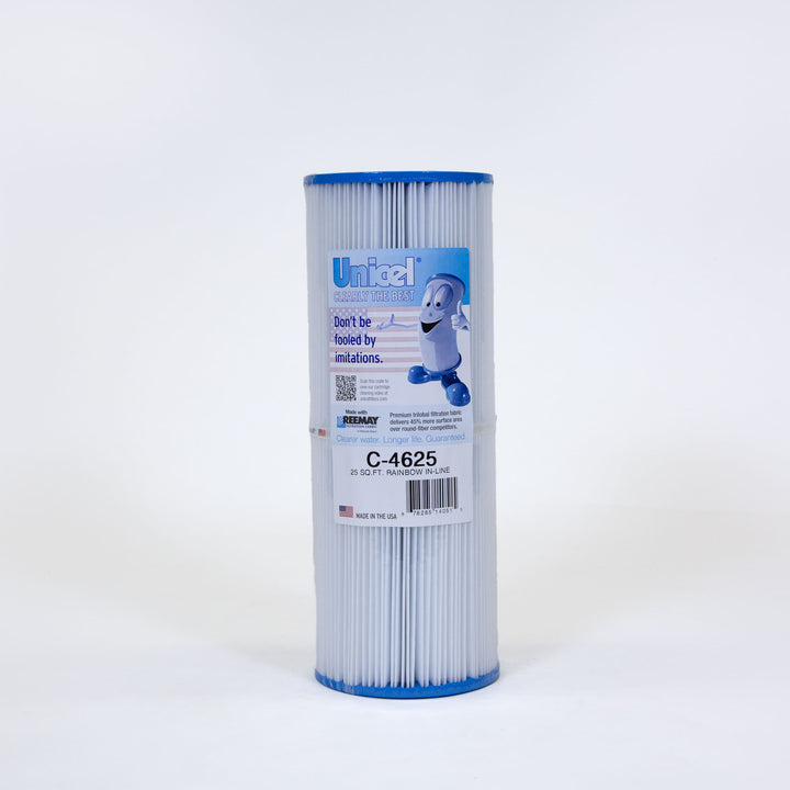 Cylindrical white pleated pool filter cartridge with blue end caps and a label featuring the Unicel logo and product details