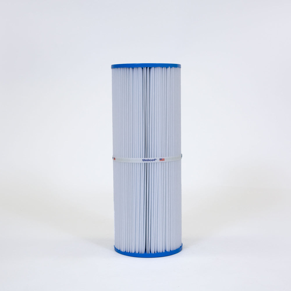 Tall cylindrical filter cartridge with white pleated material and blue top and bottom edges standing vertically on white background