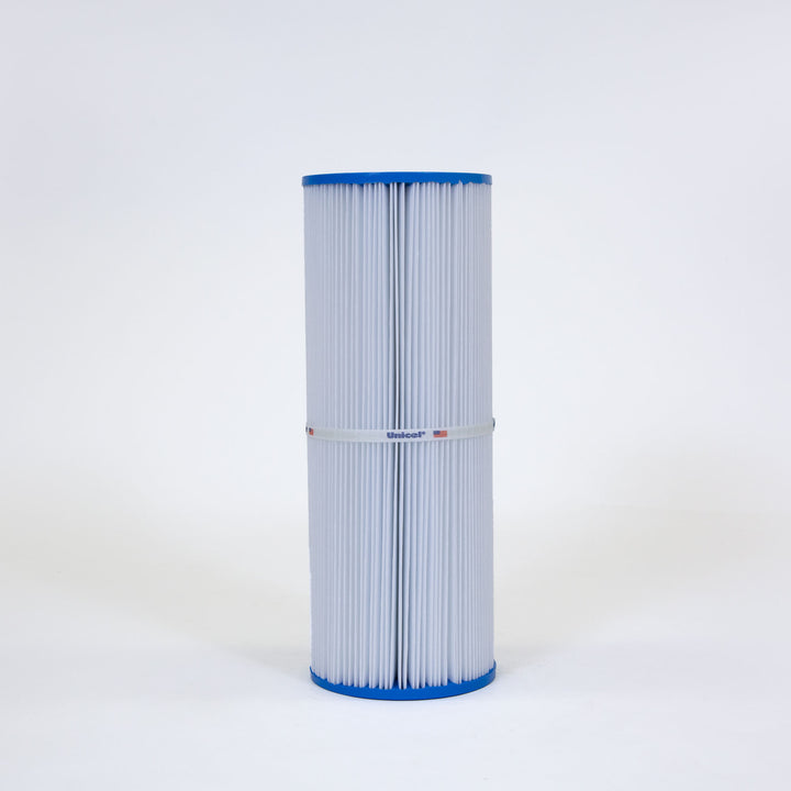 Tall cylindrical filter cartridge with white pleated material and blue top and bottom edges standing vertically on white background