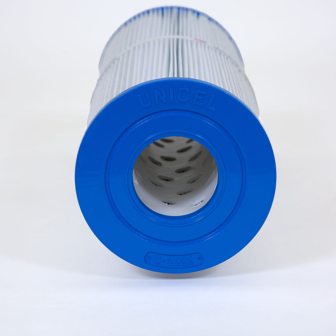 Cylindrical pool filter cartridge with white pleated material and blue end cap embossed with UNICEL and C-4625