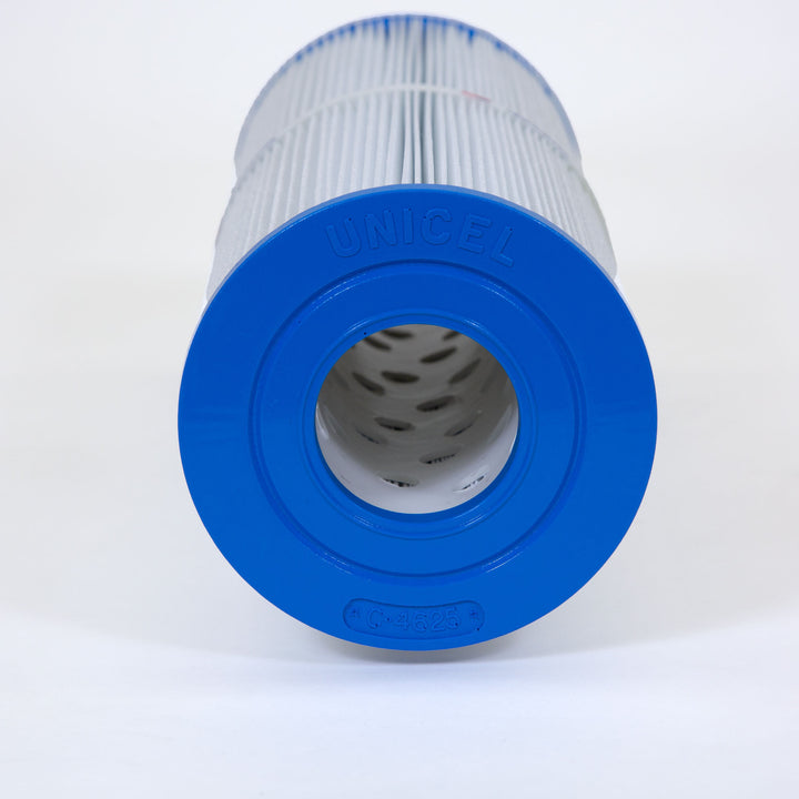 Cylindrical pool filter cartridge with white pleated material and blue end cap embossed with UNICEL and C-4625