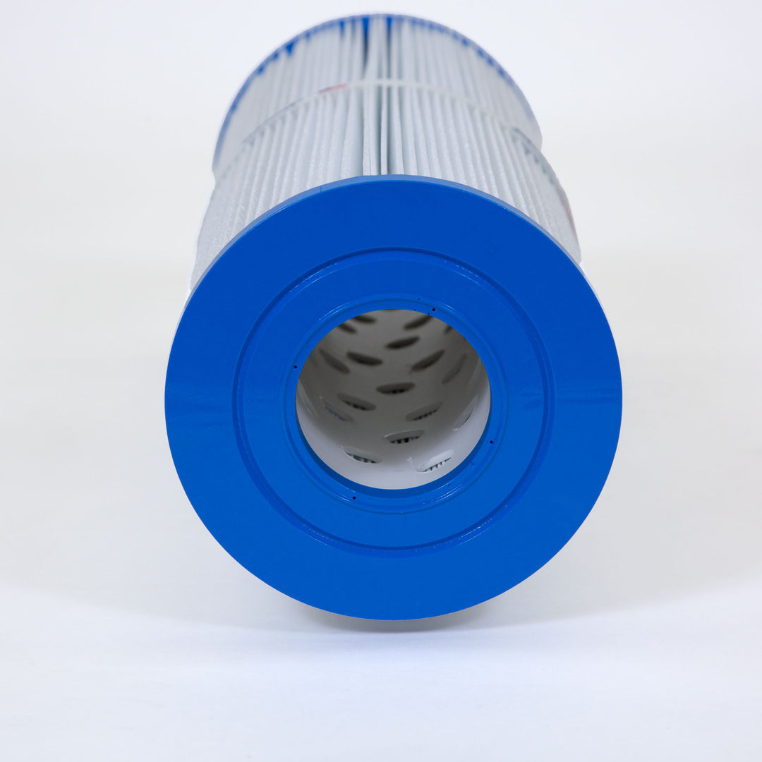 Cylindrical replacement filter cartridge with white pleated material and blue plastic end cap shown front facing