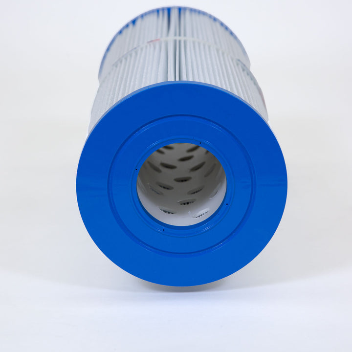 Cylindrical replacement filter cartridge with white pleated material and blue plastic end cap shown front facing