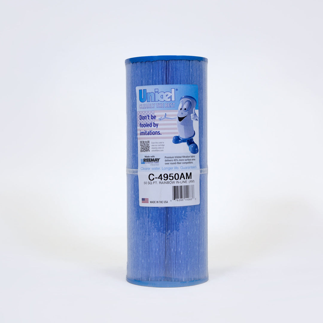 Blue cylindrical Unicel C-4950AM antimicrobial spa filter cartridge with label and animated filter character on white background