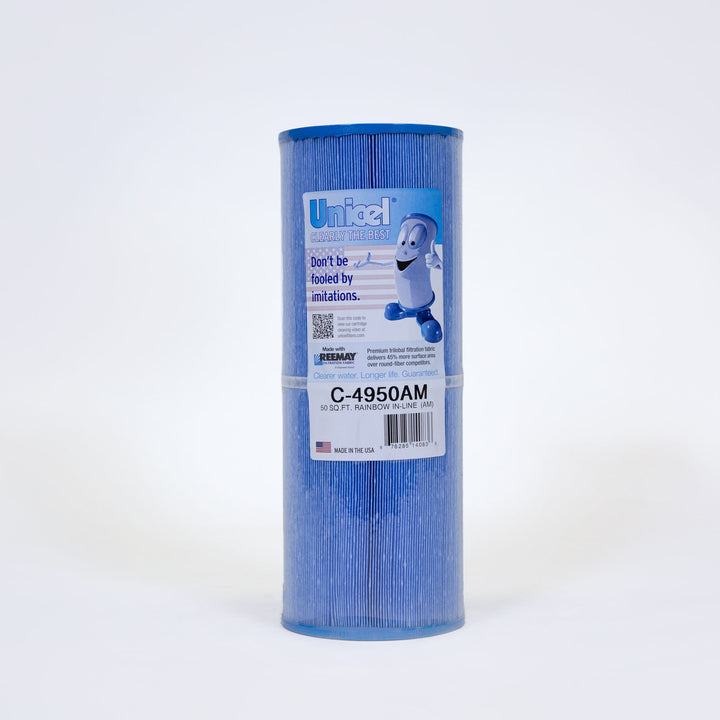 Blue cylindrical Unicel C-4950AM antimicrobial spa filter cartridge with label and animated filter character on white background