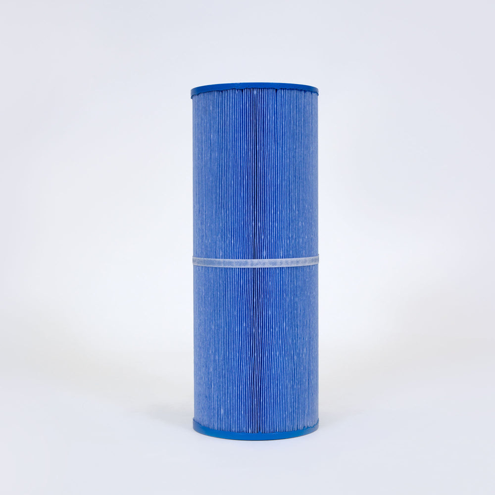 Tall cylindrical blue antimicrobial filter cartridge with pleated surface and white band in the middle