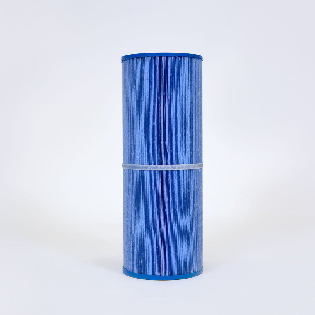 Tall cylindrical blue antimicrobial filter cartridge with pleated surface and white band in the middle
