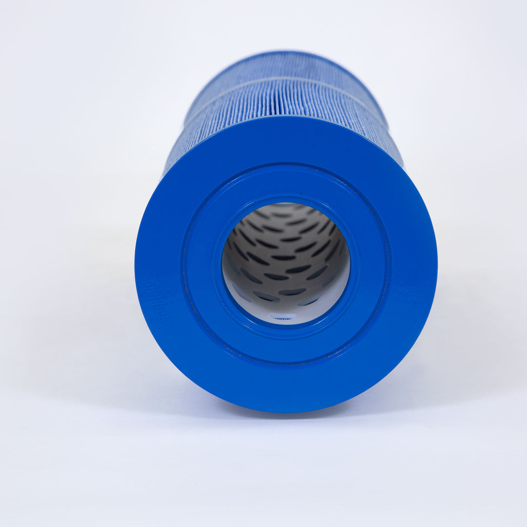 Cylindrical blue pool spa filter cartridge with pleated fabric surface and central hollow opening on white background