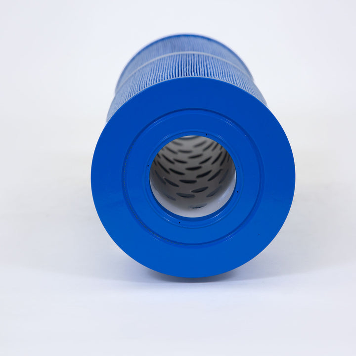 close-up of blue cylindrical spa and hot tub filter cartridge with pleated antimicrobial material and hollow center