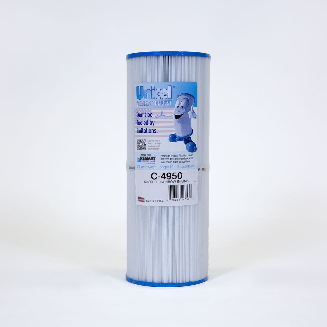 Tall cylindrical white pleated pool filter cartridge with blue end caps and detailed label featuring a cartoon filter character