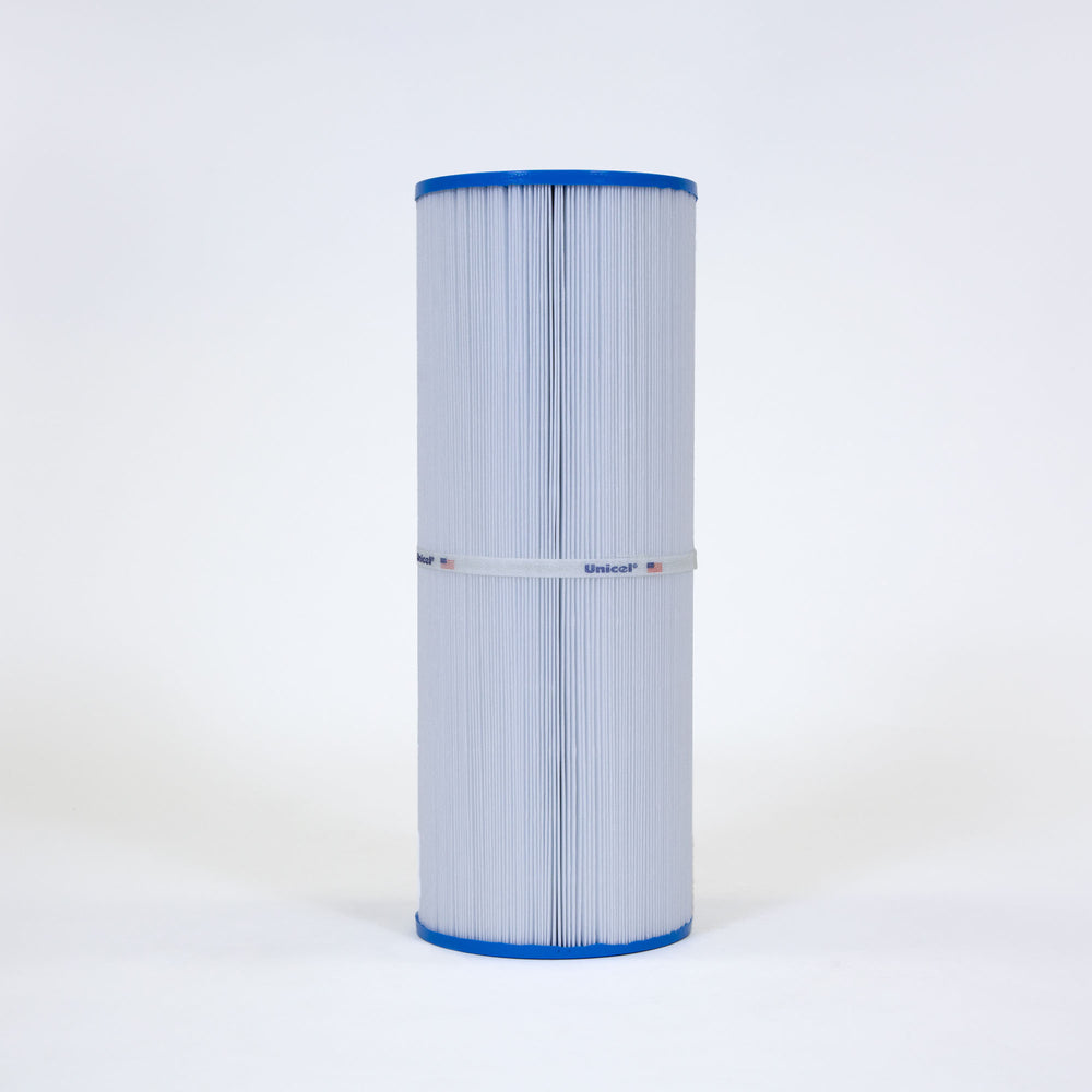 cylindrical white pleated replacement filter cartridge with blue end caps and a white band with text around the center