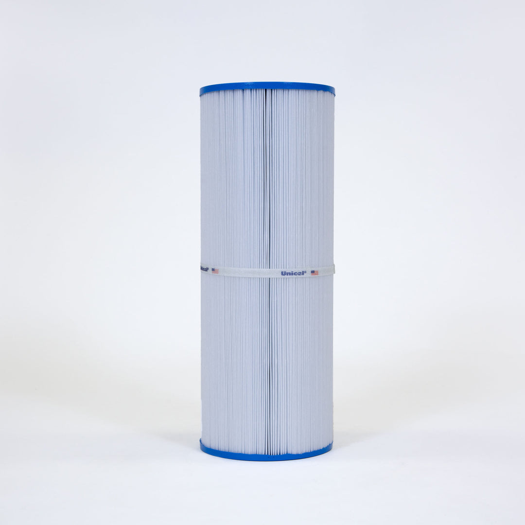cylindrical white pleated replacement filter cartridge with blue end caps and a white band with text around the center