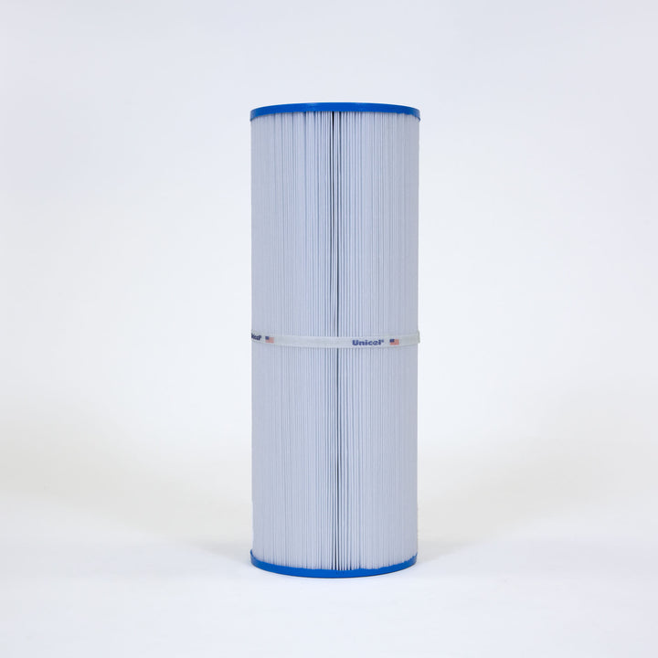 cylindrical white pleated replacement filter cartridge with blue end caps and a white band with text around the center