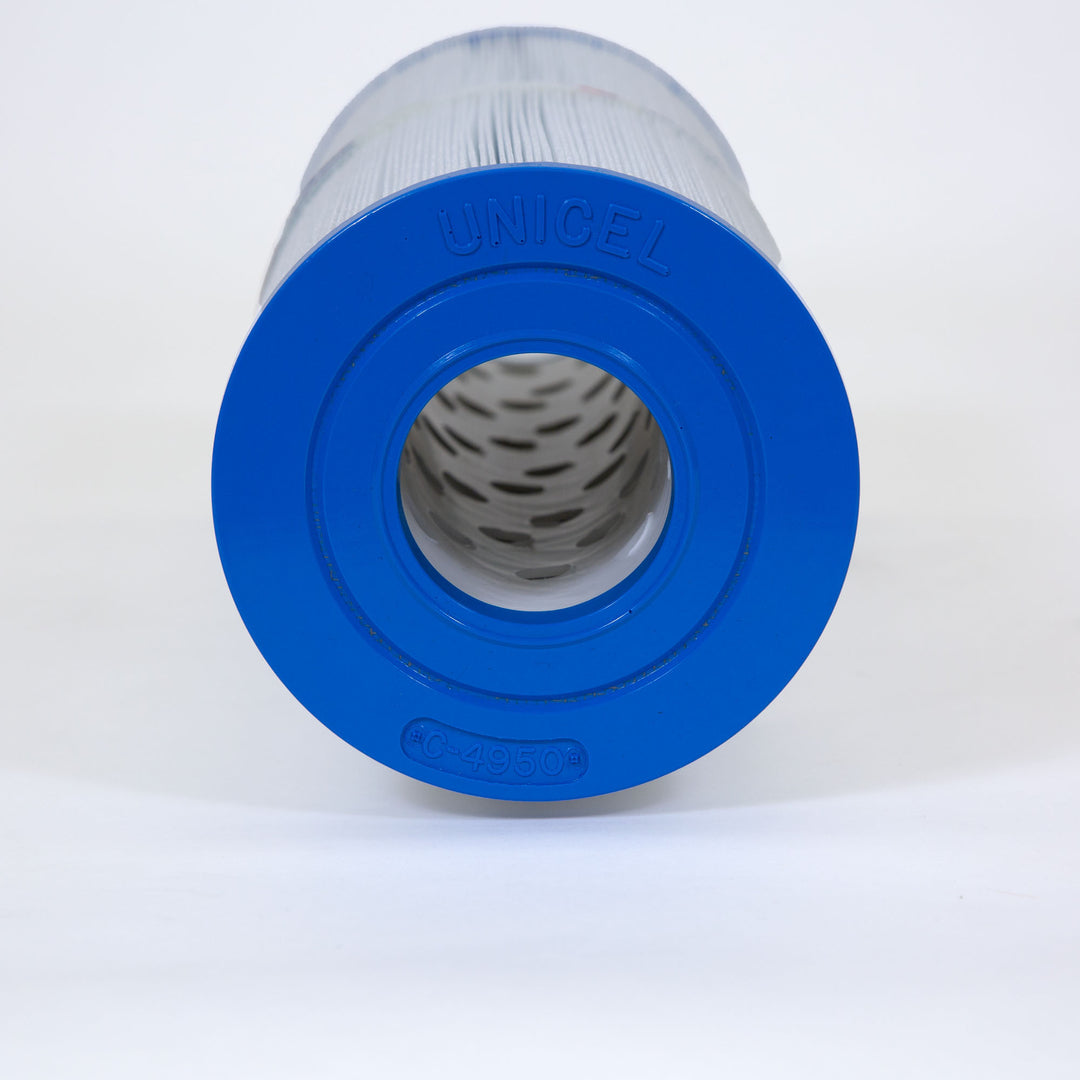 Cylindrical water filter cartridge with bright blue end caps and pleated white filter material inside