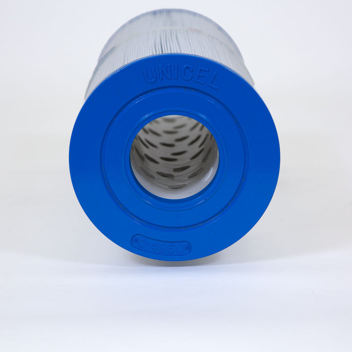 Cylindrical water filter cartridge with bright blue end caps and pleated white filter material inside